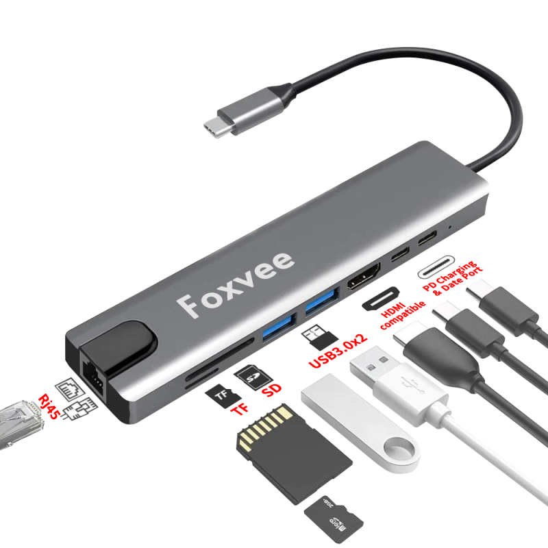 Foxvee Type-C Docking Station, Multi-Interface USB3.0/HDMI/SD/TF Card Reader/RJ45 Ethernet/PD