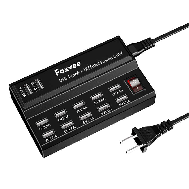 Foxvee 12-Port 60W USB Charging Station for Phones, Tablets & Digital Devices.