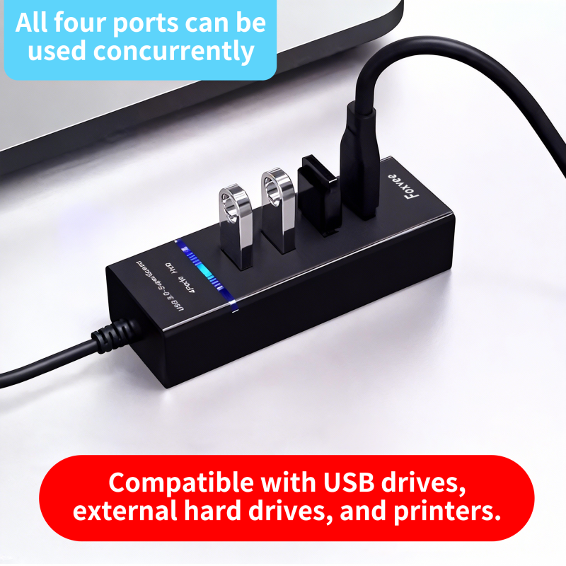 Foxvee USB3.0 4-Port Hub - 5Gbps High-Speed Transfer, Multi-Device Compatible Type-A Interface Expander