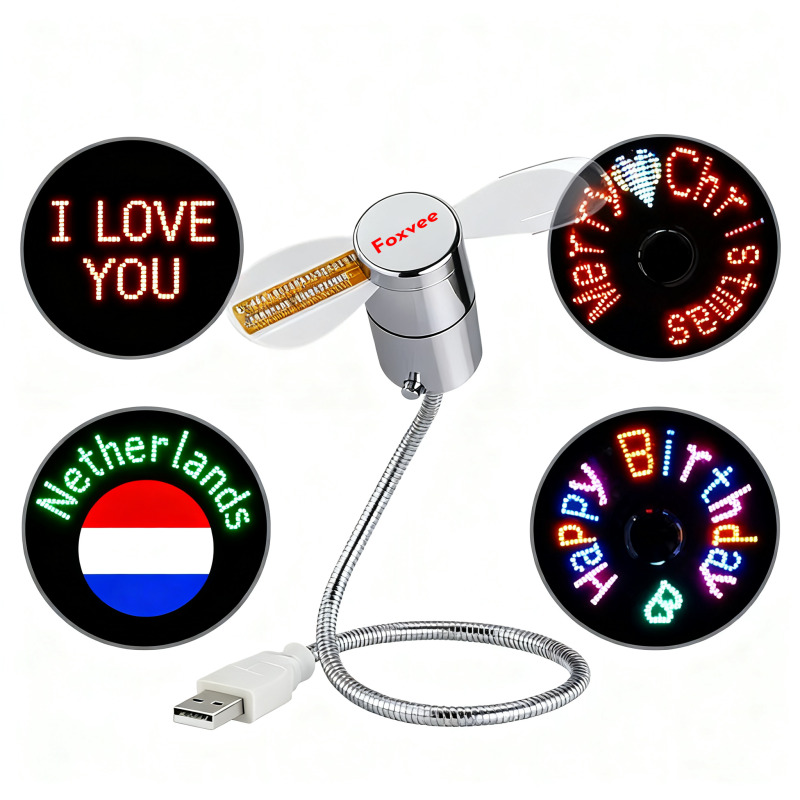 Foxvee LED Display USB Fan with Clock & Temperature Monitor, Custom Scrolling LED Message