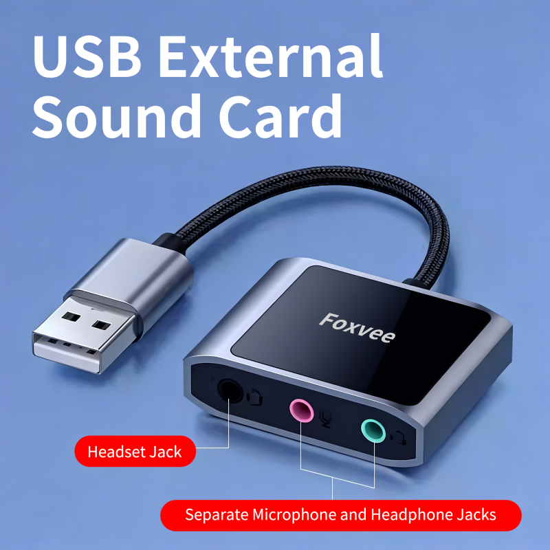 Foxvee USB External Sound Card, Headphone Mic Splitter, Multi-Audio Interface, Audio Sharing