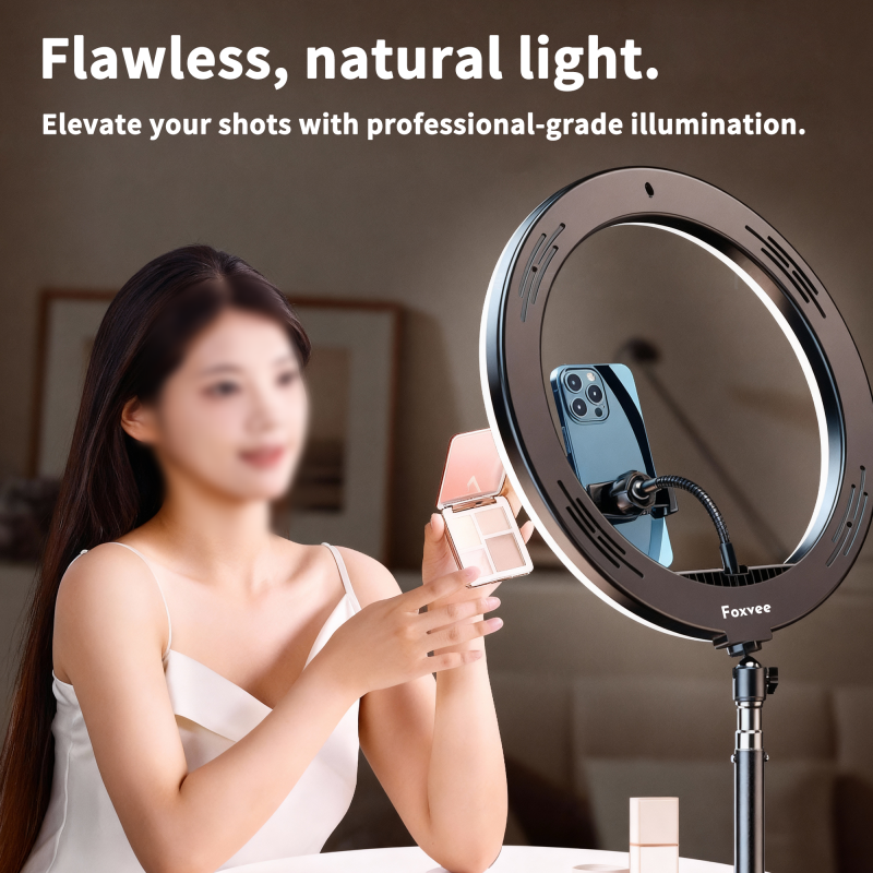 Foxvee Ring Light with Multiple Color Temperature Adjustment, Desktop Folding Stand & Phone Holder