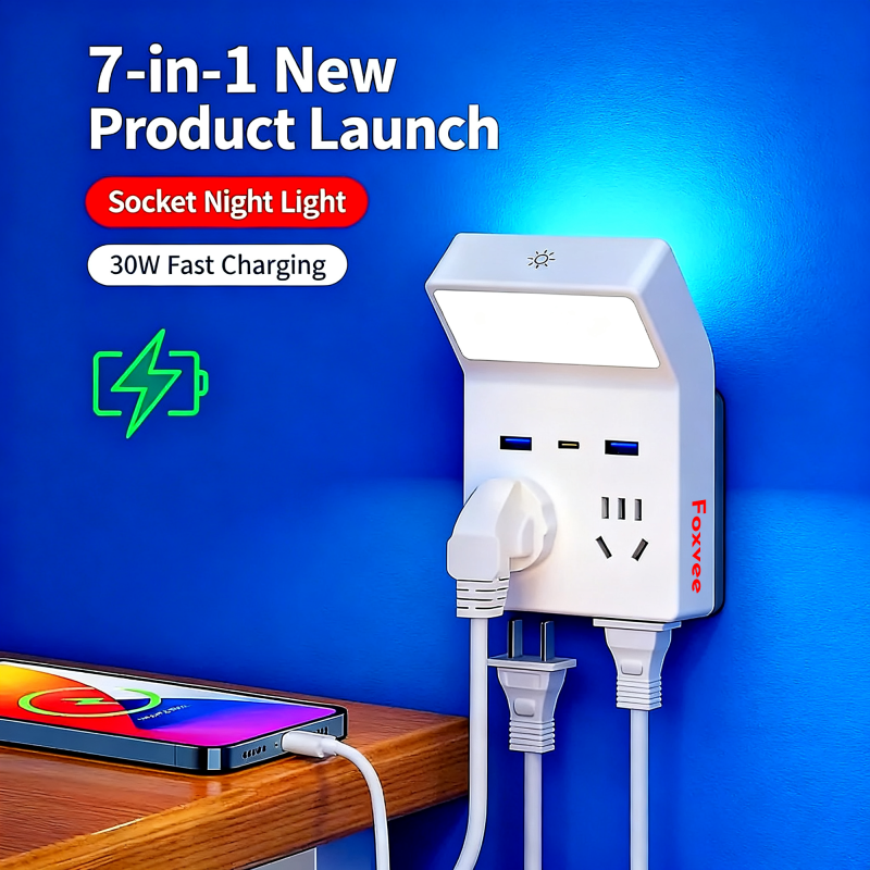 Foxvee 7-in-1 Multifunctional Socket Night Light  One Device for Charging, Powering, and Lighting